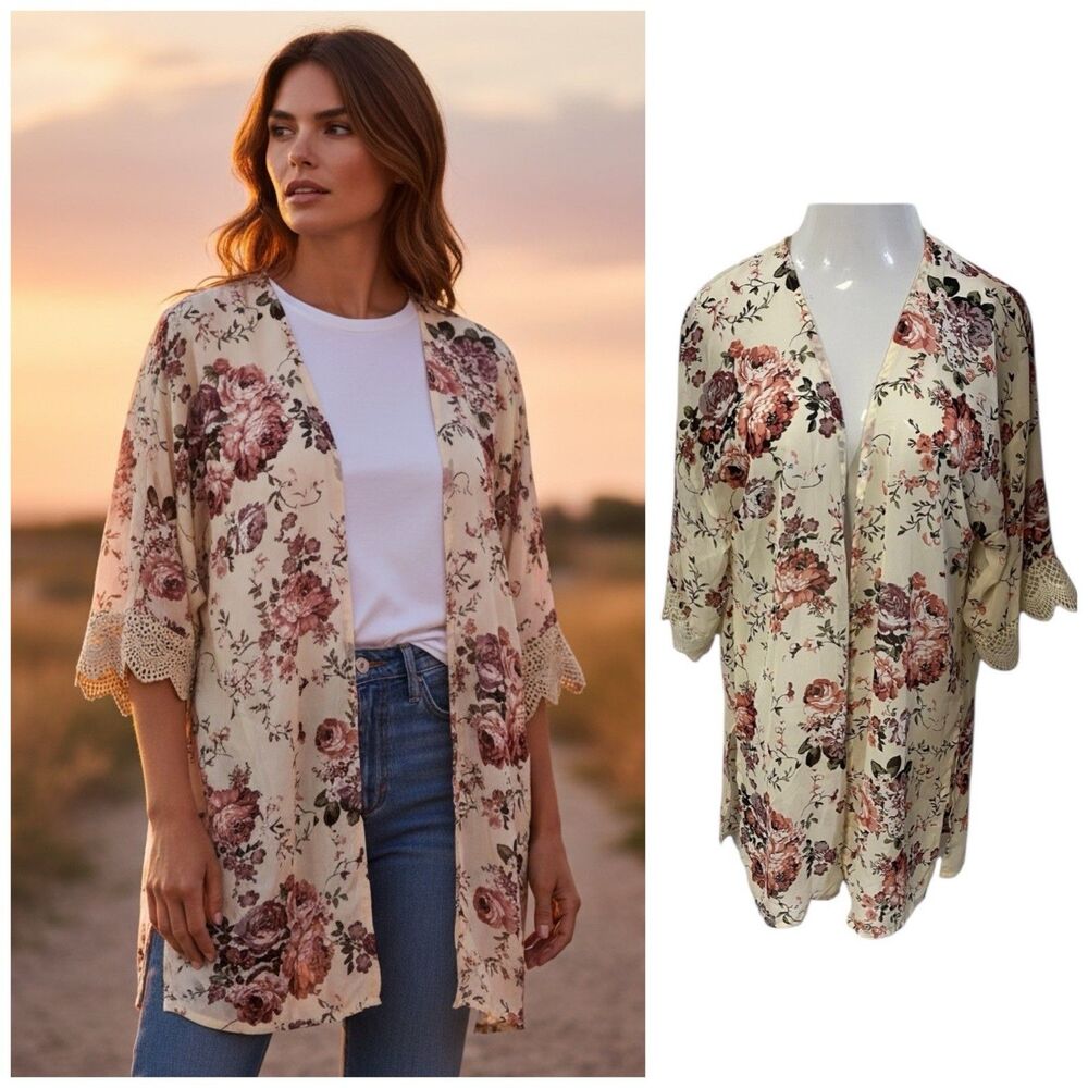 Wallflower Kimono Womens Large Floral Lace Boho Cottagecore Office Lagenlook